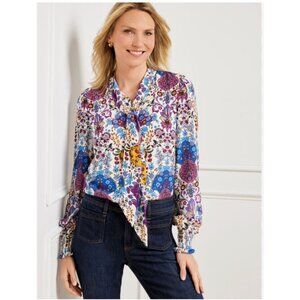 Talbots Shirt Womens Large Multicolor Floral Long Sleeve Smocked Cuffs Blouse